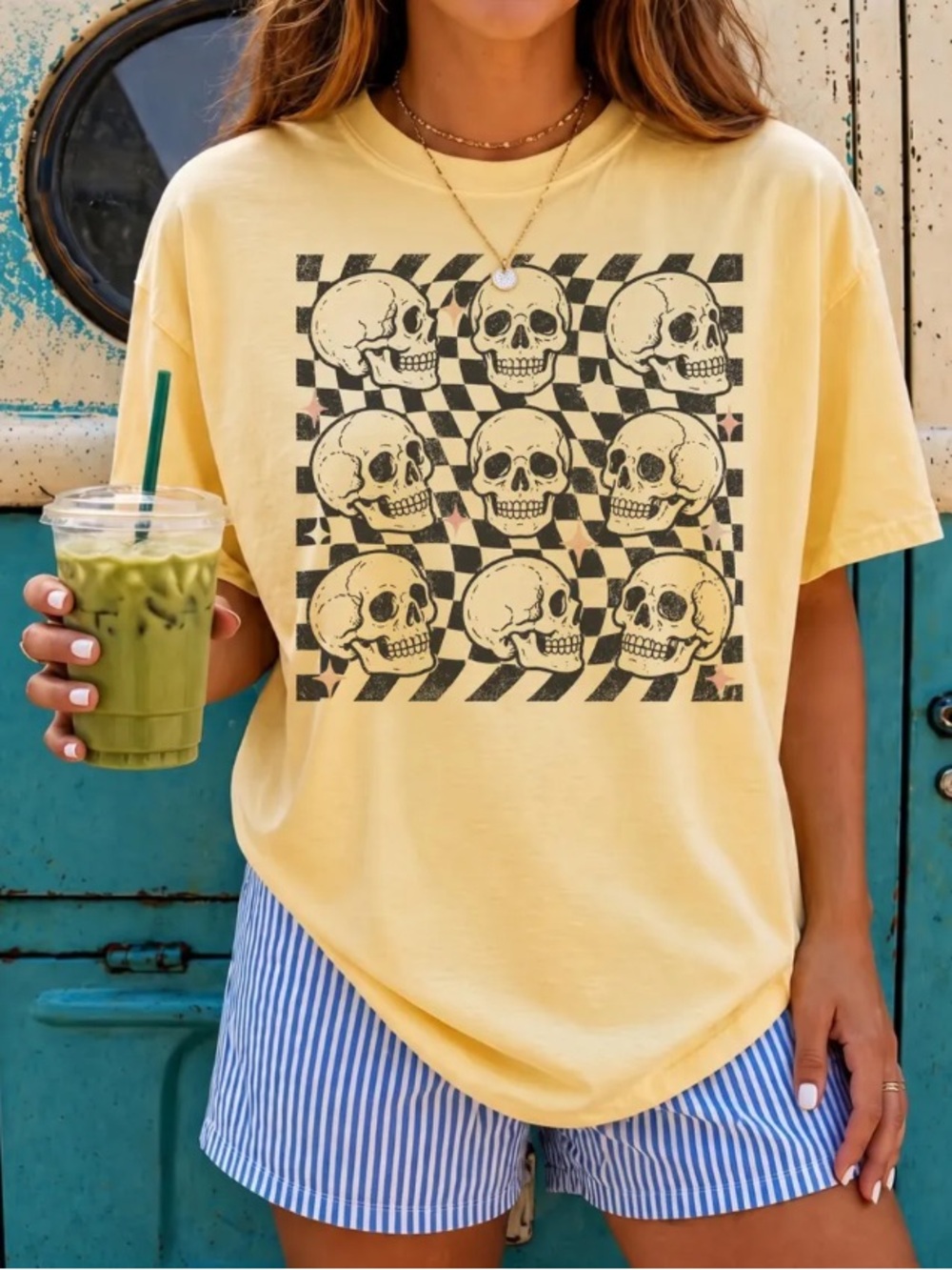 Edgy Alt Goth Grid Skull Graphic Tee, Retro Ska Punk Checkered Comfort Color